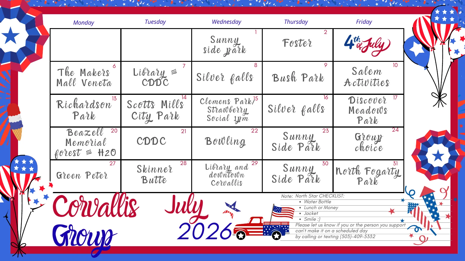 July 2026 calendar for Corvallis DSA group